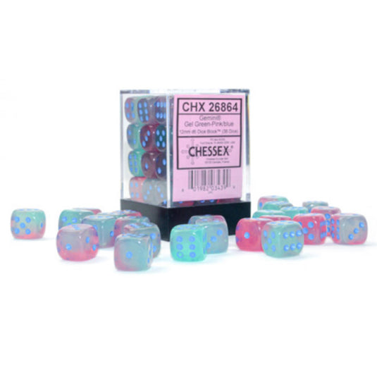 Chessex - Gemini - 12mm d6 - Gel Green-Pink/blue - Luminary Dice Block (36 Dice)