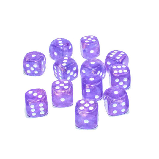 Chessex - Borealis 16mm d6 - Purple/white - Luminary Dice Block (12 dice)