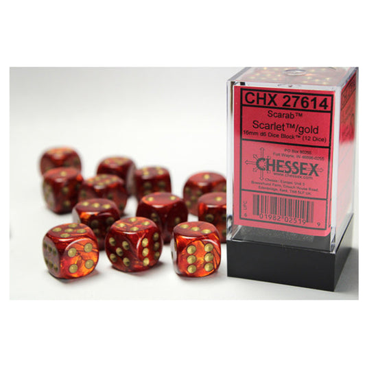 Chessex - Signature - 16mm d6 with pips Dice Blocks (12 Dice) - Scarab Scarlet w/gold