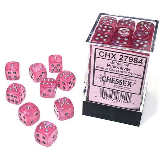 Chessex Borealis 12mm d6 Pink/silver Luminary Dice Block (36 dice)