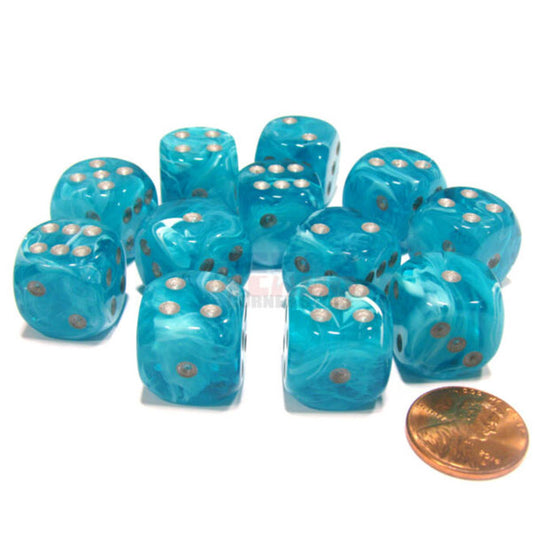 Chessex - Signature - 16mm D6 W/ Pips Blocks (12 Dice) - Cirrus Aqua w/Silver