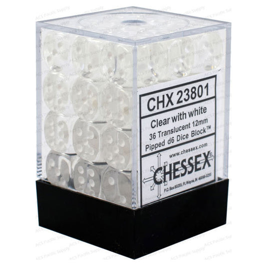 Chessex - Translucent 12mm D6 w/pips 36-Dice Blocks - Clear w/white