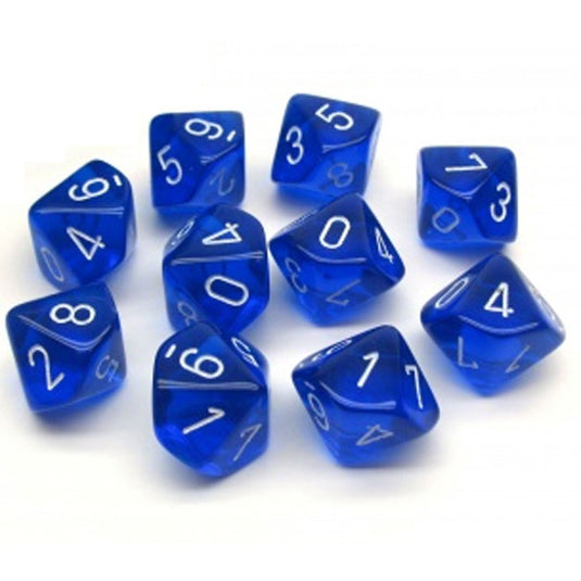 Chessex - Translucent - Polyhedral D10 10-Dice Blocks - Blue w/White