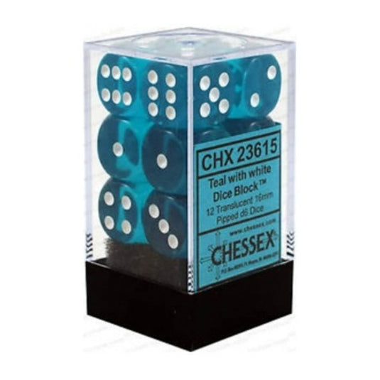 Chessex - Translucent - 16mm D6 W/Pips 12-Dice Blocks - Teal w/White