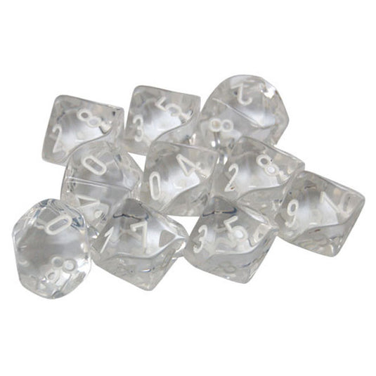 Chessex - Translucent - Polyhedral D10 10-Dice Blocks - Clear w/White
