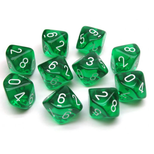 Chessex - Translucent - Polyhedral D10 10-Dice Blocks - Green w/White