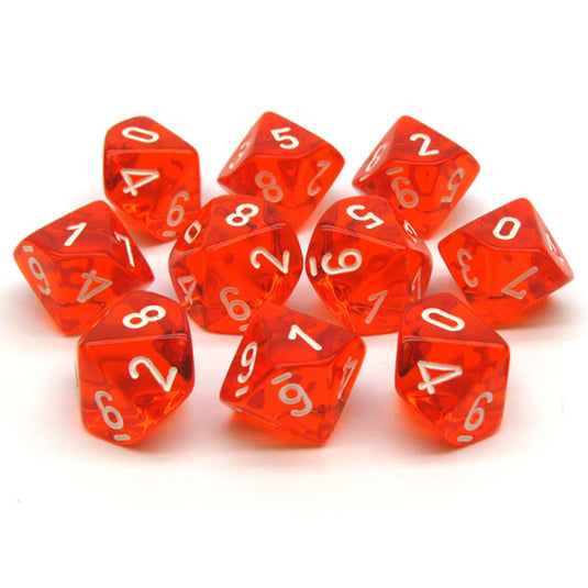 Chessex - Translucent - Polyhedral D10 10-Dice Blocks - Orange w/White