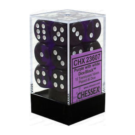 Chessex - Translucent - 16mm D6 W/Pips 12-Dice Blocks - Purple w/White
