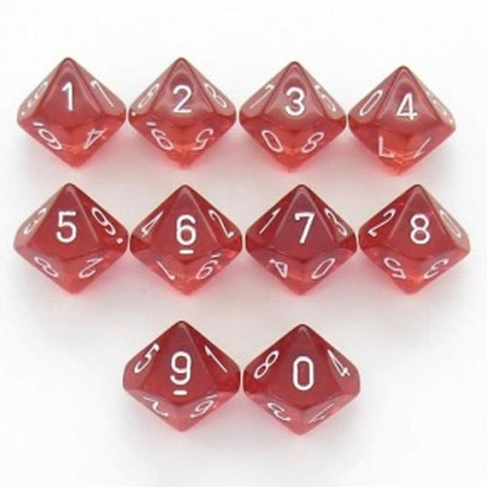 Chessex - Translucent - Polyhedral D10 10-Dice Blocks - Red w/White