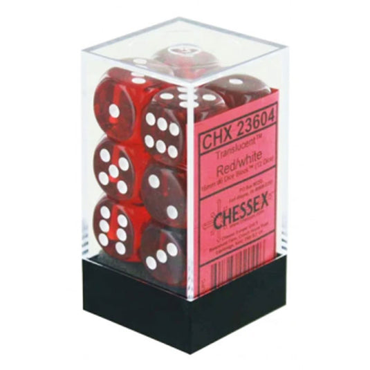 Chessex - Translucent - 16mm D6 W/Pips 12-Dice Blocks - Red w/White