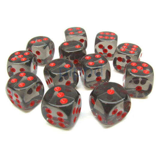 Chessex - Translucent - 16mm D6 W/Pips 12-Dice Blocks - Smoke w/Red