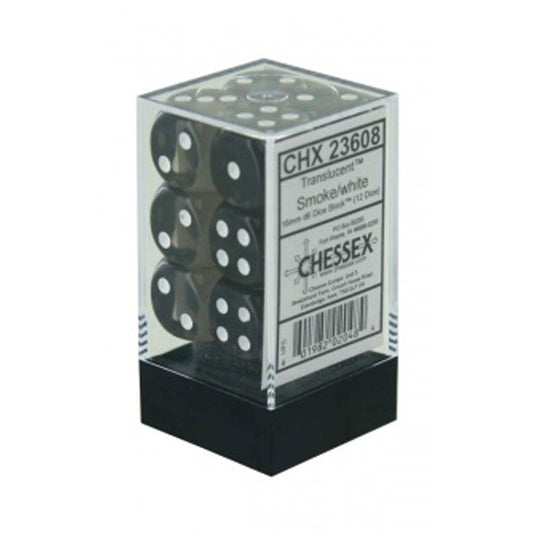 Chessex - Translucent - 16mm D6 W/Pips 12-Dice Blocks - Smoke w/White