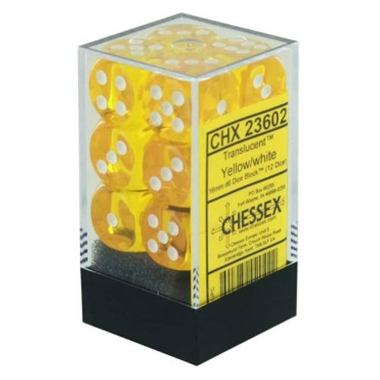 Chessex - Translucent - 16mm D6 W/Pips 12-Dice Blocks - Yellow w/White