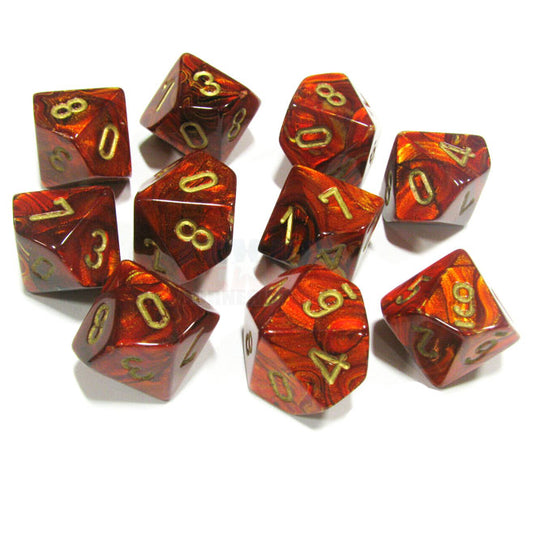 Chessex - Signature - 16mm D10 W/gold (10 Dice) - Scarab Scarlet
