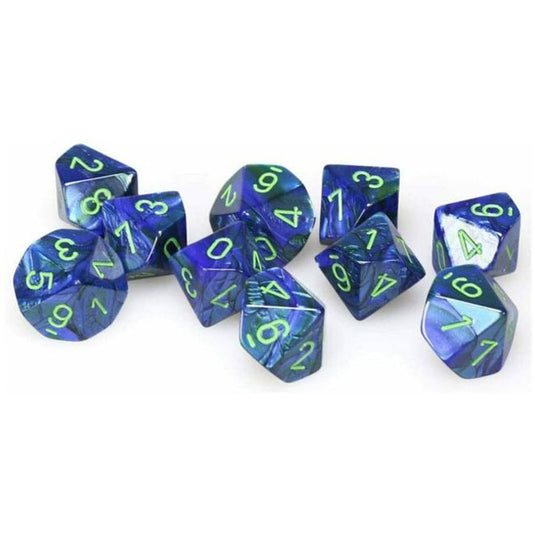 Chessex - Signature - 16mm D10 W/green (10 Dice) - Lustrous Dark Blue