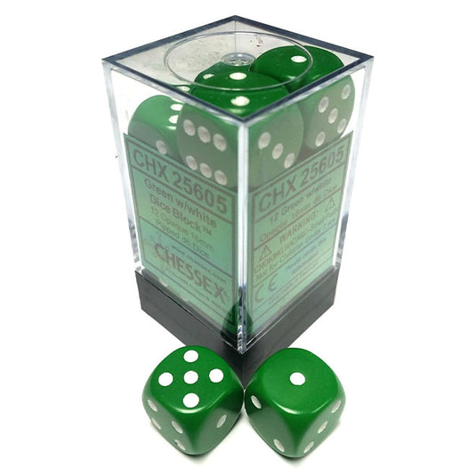 Chessex - Opaque 16mm D6 w/pips 12-Dice Blocks - Green w/white