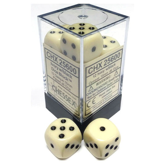 Chessex - Opaque 16mm D6 w/pips 12-Dice Blocks - Ivory w/black