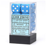 Chessex - Opaque 16mm D6 w/pips 12-Dice Blocks - Light Blue w/white