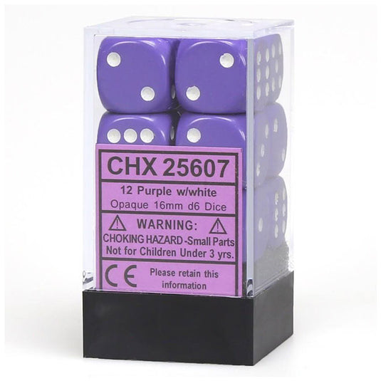 Chessex - Opaque 16mm D6 w/pips 12-Dice Blocks - Purple w/white