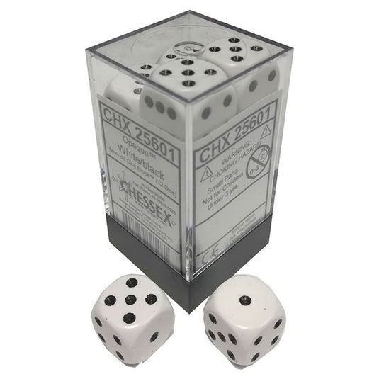 Chessex - Opaque 16mm D6 w/pips 12-Dice Blocks - White w/black