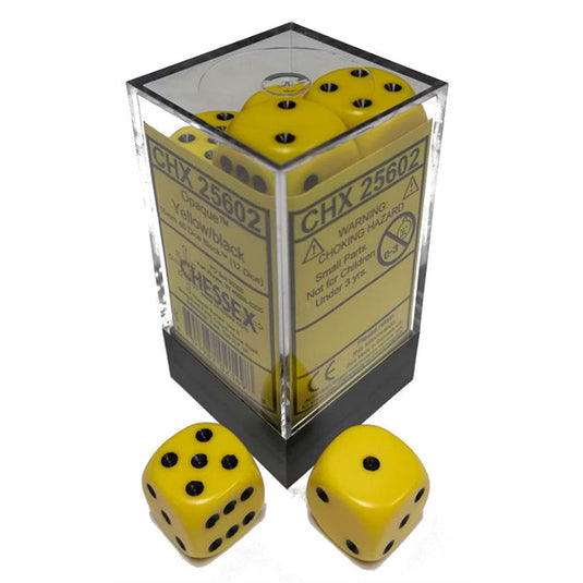 Chessex - Opaque 16mm D6 w/pips 12-Dice Blocks - Yellow w/black