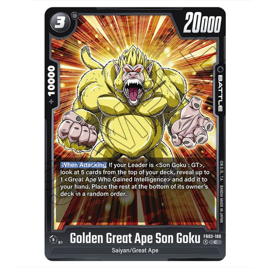 Golden Great Ape Son Goku FB03-106 card from the Dragon Ball Super Card Game Fusion World set FB03 - Raging Roar