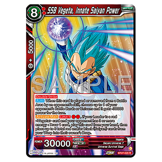 SSB Vegeta, Innate Saiyan Power BT27-020 card from the Dragon Ball Super Card Game set B27 - History of Z