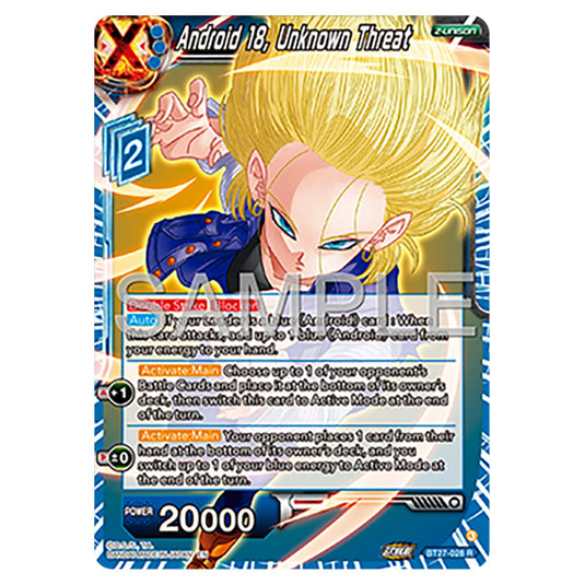 Android 18, Unknown Threat BT27-028 card from the Dragon Ball Super Card Game set B27 - History of Z