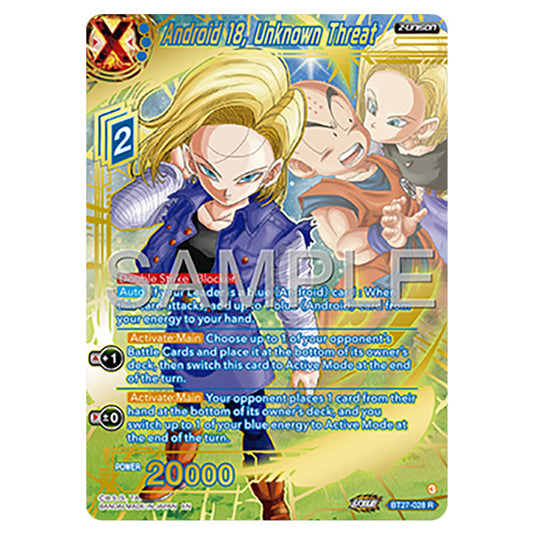 Android 18, Unknown Threat BT27-028_PR card from the Dragon Ball Super Card Game set B27 - History of Z