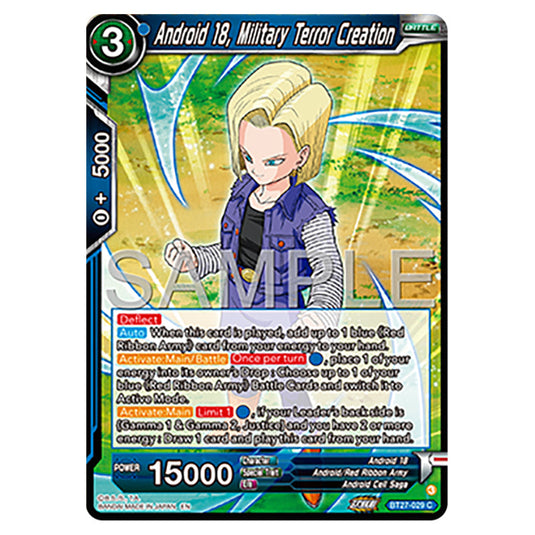 Android 18, Military Terror Creation BT27-029 card from the Dragon Ball Super Card Game set B27 - History of Z