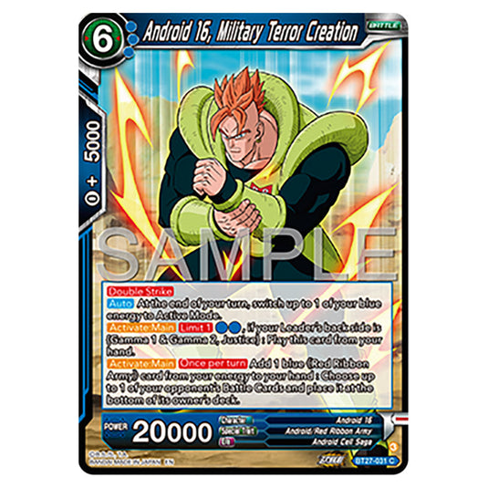Android 16, Military Terror Creation BT27-031 card from the Dragon Ball Super Card Game set B27 - History of Z