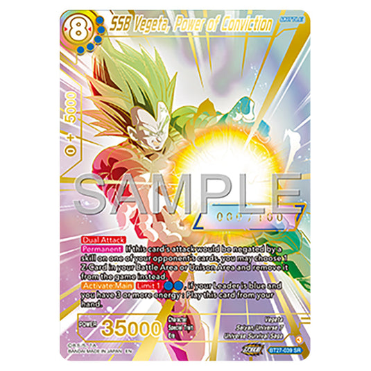 SSB Vegeta, Power of Conviction BT27-039_PR card from the Dragon Ball Super Card Game set B27 - History of Z