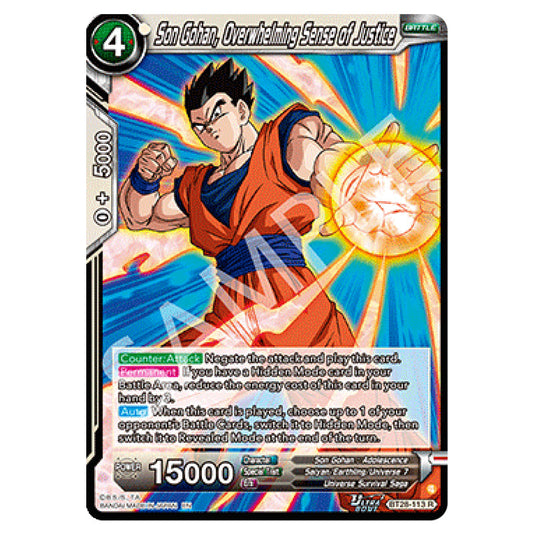 Son Gohan, Overwhelming Sense of Justice Rare card from the Dragon Ball Super Card Game set Prismatic Clash