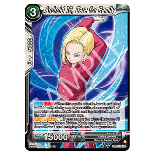 Android 18, Care for Family Uncommon card from the Dragon Ball Super Card Game set Prismatic Clash