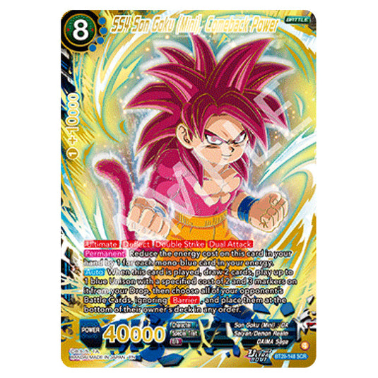 SS4 Son Goku (Mini), Comeback Power Secret Rare card from the Dragon Ball Super Card Game set Prismatic Clash