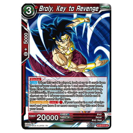Broly, Key to Revenge BATTLE card from the Dragon Ball Super Card Game set Fearsome Rivals (BT29-015)