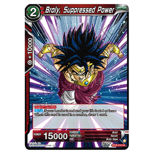 Broly, Suppressed Power BATTLE card from the Dragon Ball Super Card Game set Fearsome Rivals (BT29-016)