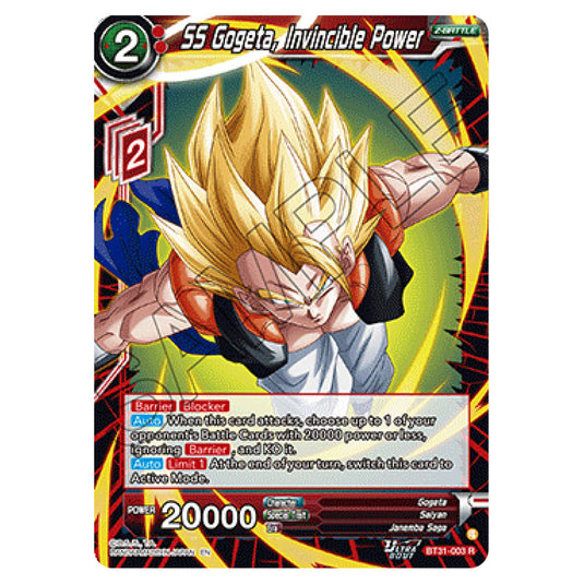SS Gogeta, Invincible Power Z-BATTLE card from the Dragon Ball Super Card Game set Impact Beyond Dimension (BT31-003)