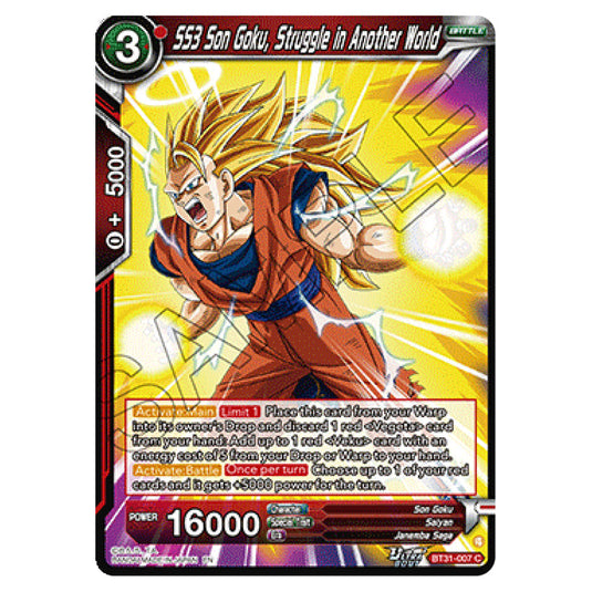 SS3 Son Goku, Struggle in Another World BATTLE card from the Dragon Ball Super Card Game set Impact Beyond Dimension (BT31-007)