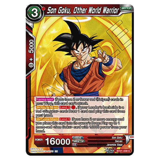 Son Goku, Other World Warrior BATTLE card from the Dragon Ball Super Card Game set Impact Beyond Dimension (BT31-008)