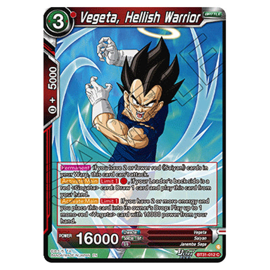Vegeta, Hellish Warrior BATTLE card from the Dragon Ball Super Card Game set Impact Beyond Dimension (BT31-012)