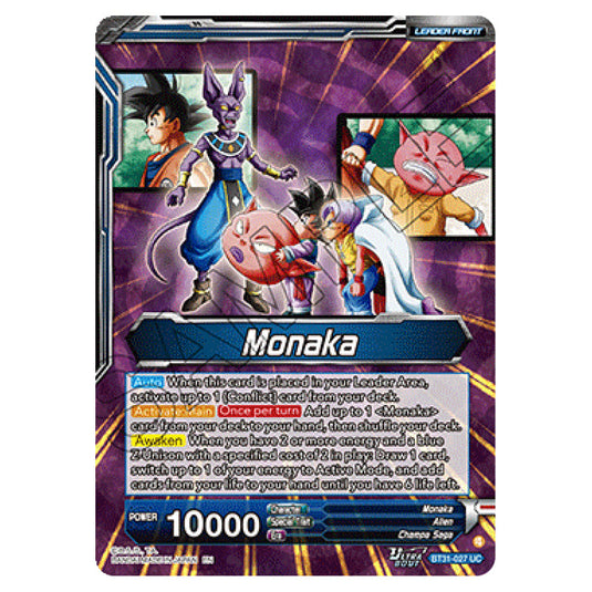 Monaka LEADER card from the Dragon Ball Super Card Game set Impact Beyond Dimension (BT31-027)