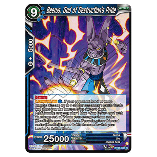 Beerus, God of Destruction’s Pride BATTLE card from the Dragon Ball Super Card Game set Impact Beyond Dimension (BT31-033)