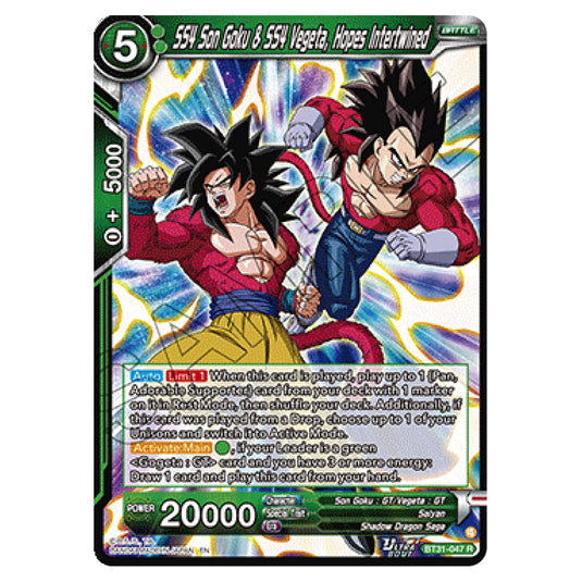 SS4 Son Goku & SS4 Vegeta, Hopes Intertwined BATTLE card from the Dragon Ball Super Card Game set Impact Beyond Dimension (BT31-047)