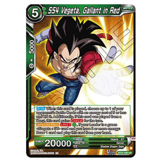 SS4 Vegeta, Gallant in Red BATTLE card from the Dragon Ball Super Card Game set Impact Beyond Dimension (BT31-050)