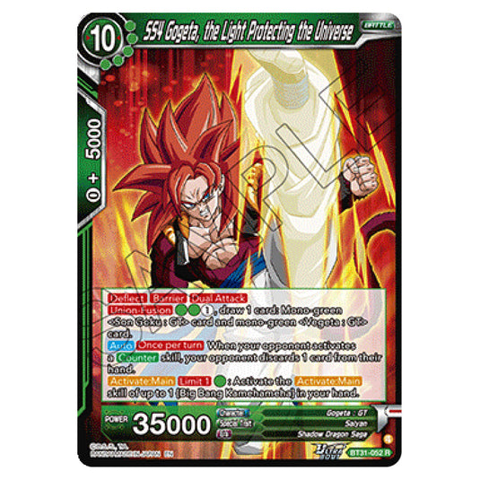 SS4 Gogeta, the Light Protecting the Universe BATTLE card from the Dragon Ball Super Card Game set Impact Beyond Dimension (BT31-052)