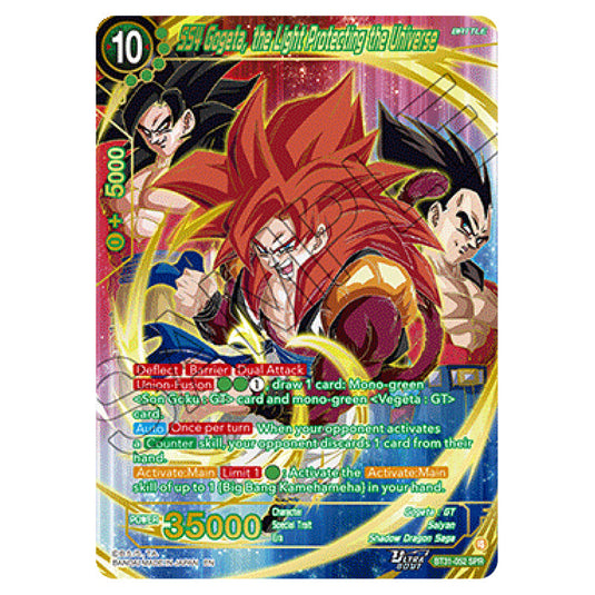 SS4 Gogeta, the Light Protecting the Universe BATTLE card from the Dragon Ball Super Card Game set Impact Beyond Dimension (BT31-052a)