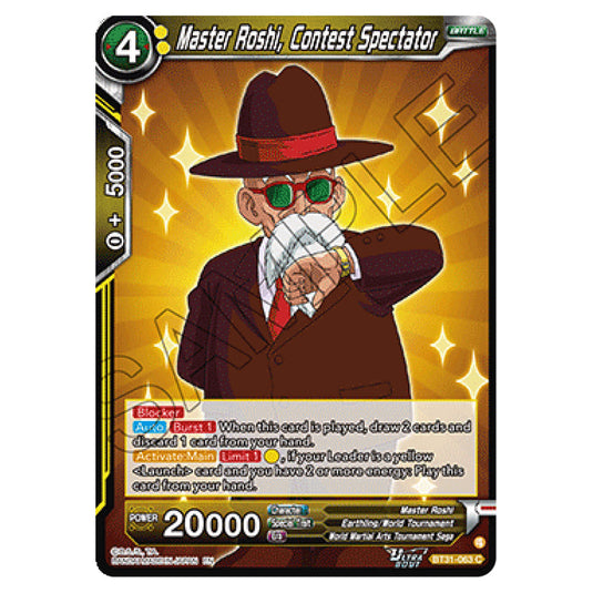 Master Roshi, Contest Spectator BATTLE card from the Dragon Ball Super Card Game set Impact Beyond Dimension (BT31-063)
