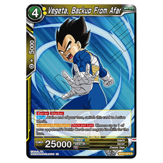 Vegeta, Backup From Afar BATTLE card from the Dragon Ball Super Card Game set Impact Beyond Dimension (BT31-071)