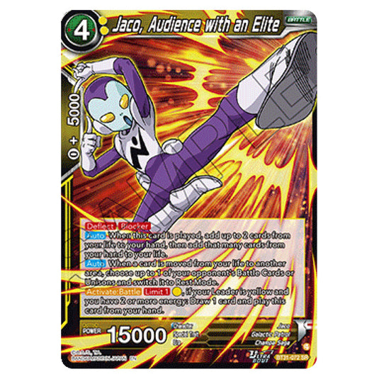 Jaco, Audience with an Elite BATTLE card from the Dragon Ball Super Card Game set Impact Beyond Dimension (BT31-072)
